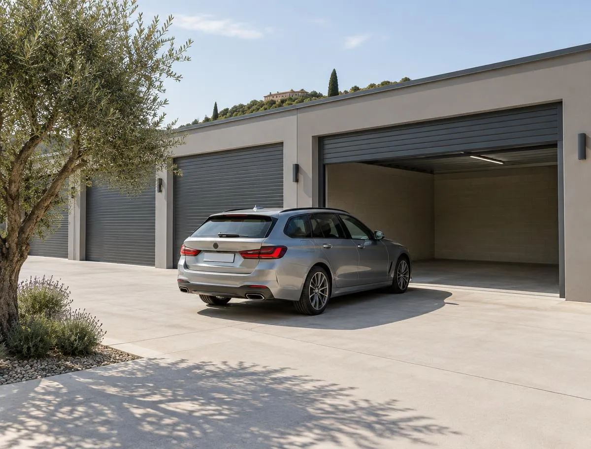 Car parked directly outside an open drive-up storage unit