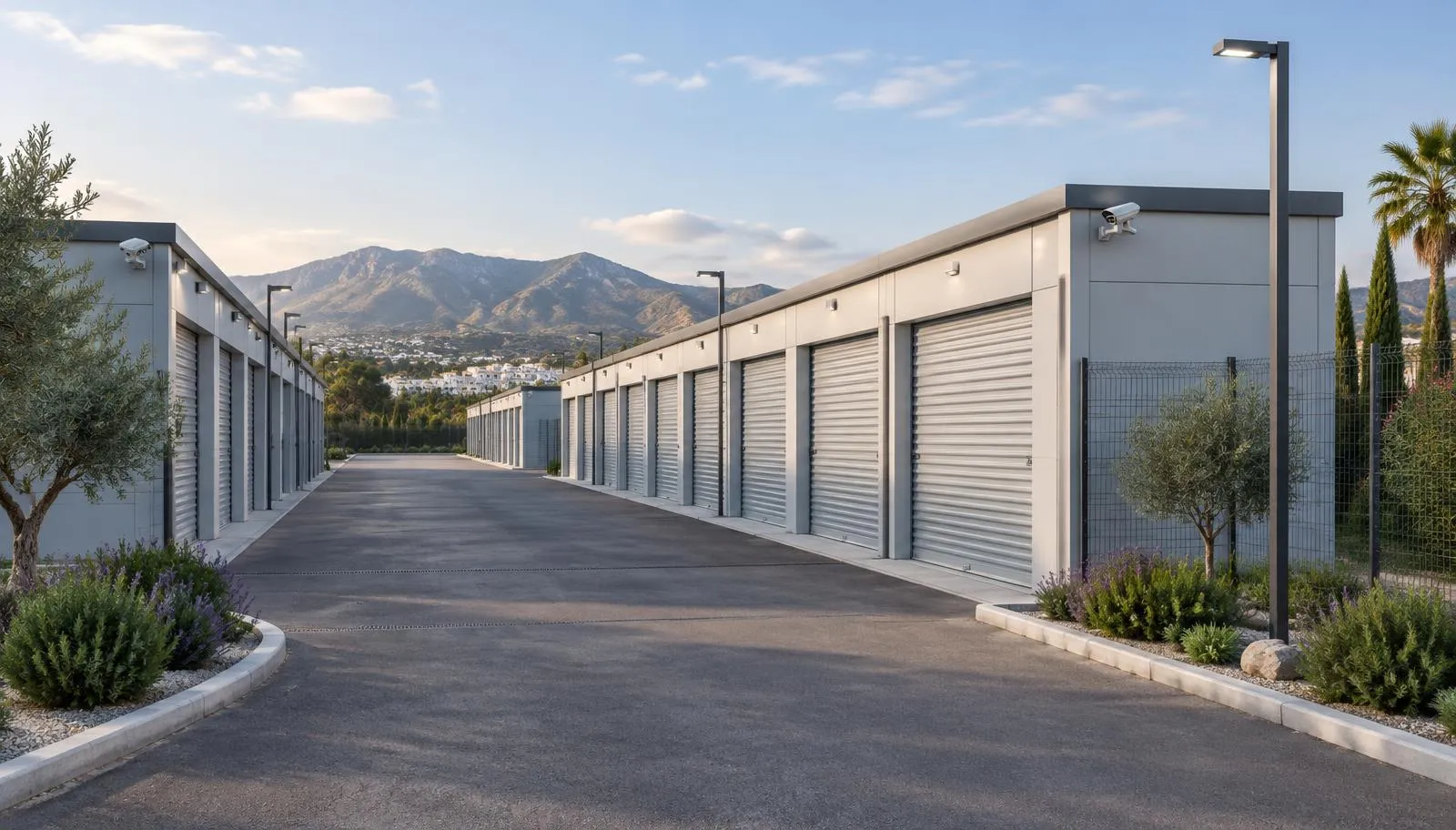Wide view of the LOMA site with drive lanes, storage units, perimeter fence, lighting and cameras